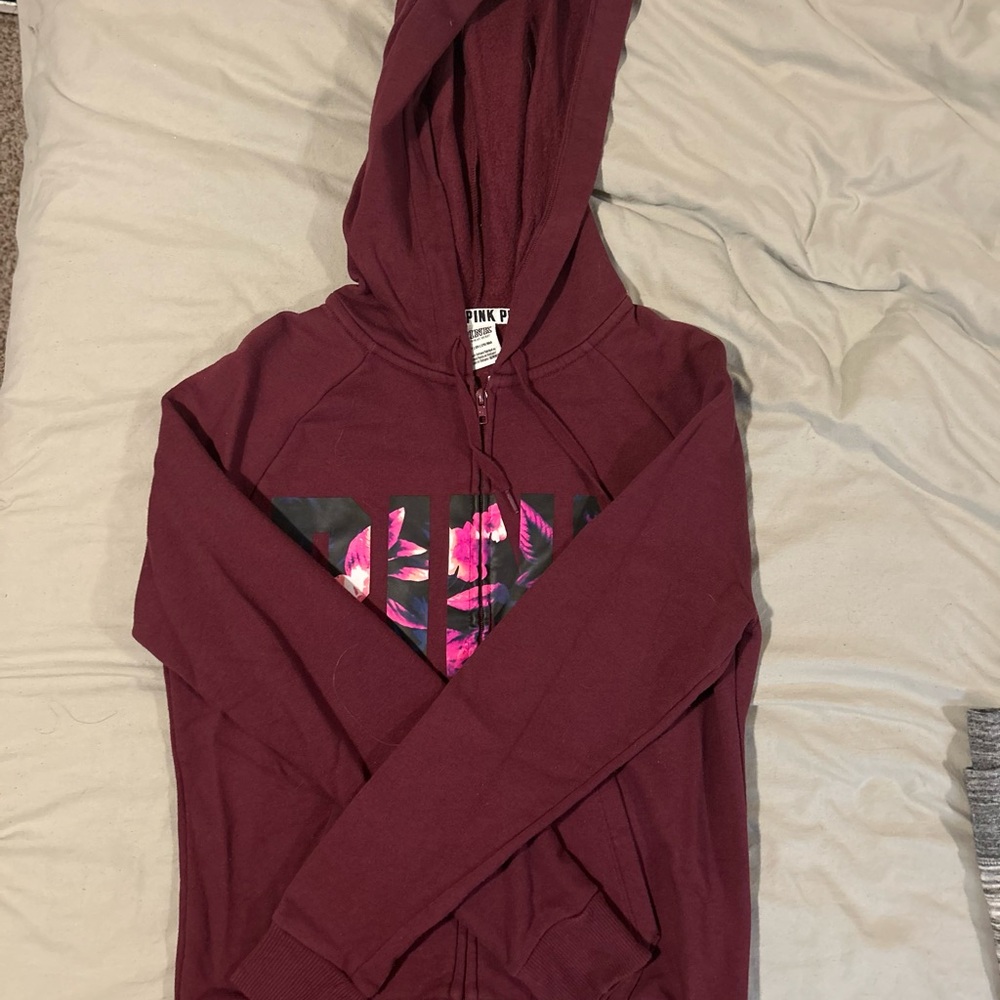 PINK Victoria's Secret Burgundy Hoodie with Floral Logo
